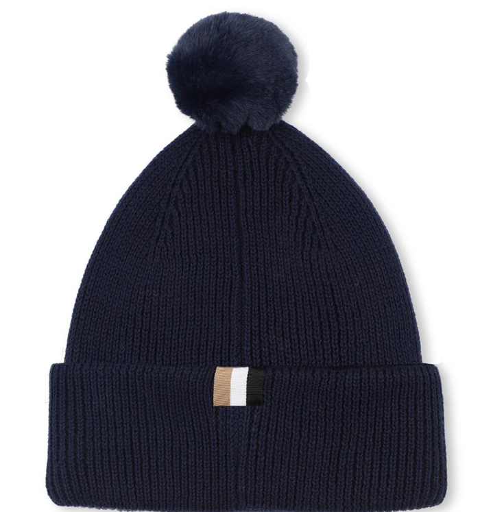 BOSS Boys Blue Knitted Cotton Pom-Pom Hat