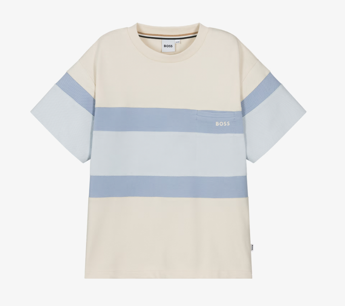 BOSS Boys Ivory & Blue Cotton Piqué Colorblock T-Shirt