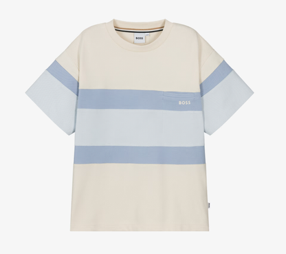 BOSS Boys Ivory & Blue Cotton Piqué Colorblock T-Shirt