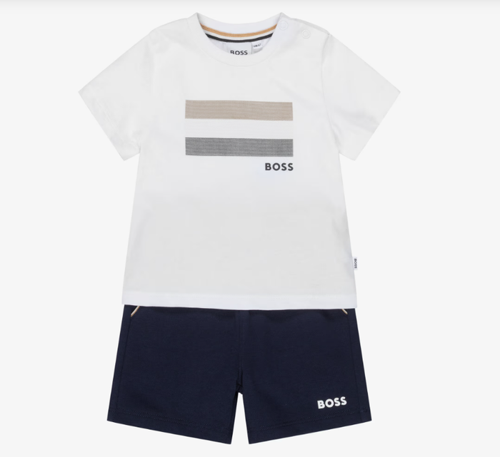 BOSS Boys Navy Blue Cotton Shorts Set with Signature Stripes