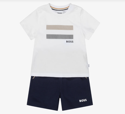 BOSS Boys Navy Blue Cotton Shorts Set with Signature Stripes