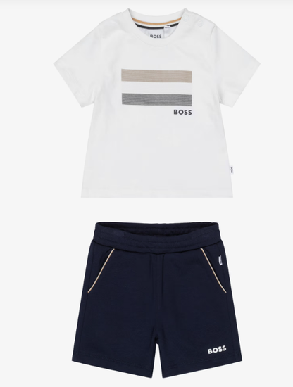 BOSS Boys Navy Blue Cotton Shorts Set with Signature Stripes