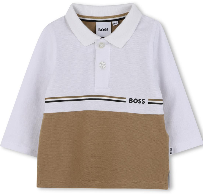 BOSS Boys White & Brown Piqué Long-Sleeved Polo Shirt