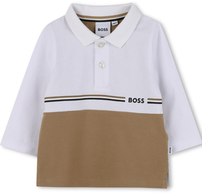 BOSS Boys White & Brown Piqué Long-Sleeved Polo Shirt