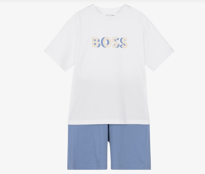 BOSS Boys White Cotton Jersey Bermuda Shorts Set with Logo