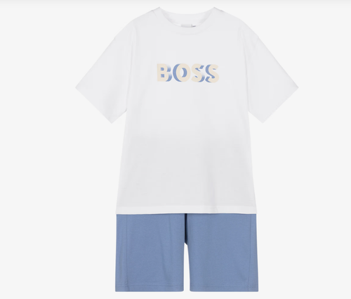 BOSS Boys White Cotton Jersey Bermuda Shorts Set with Logo