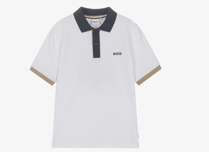 BOSS Boys White Cotton Polo Shirt with Blue & Beige Trims