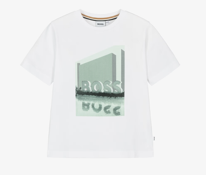 BOSS Boys White Cotton T-Shirt with Green Logo Print