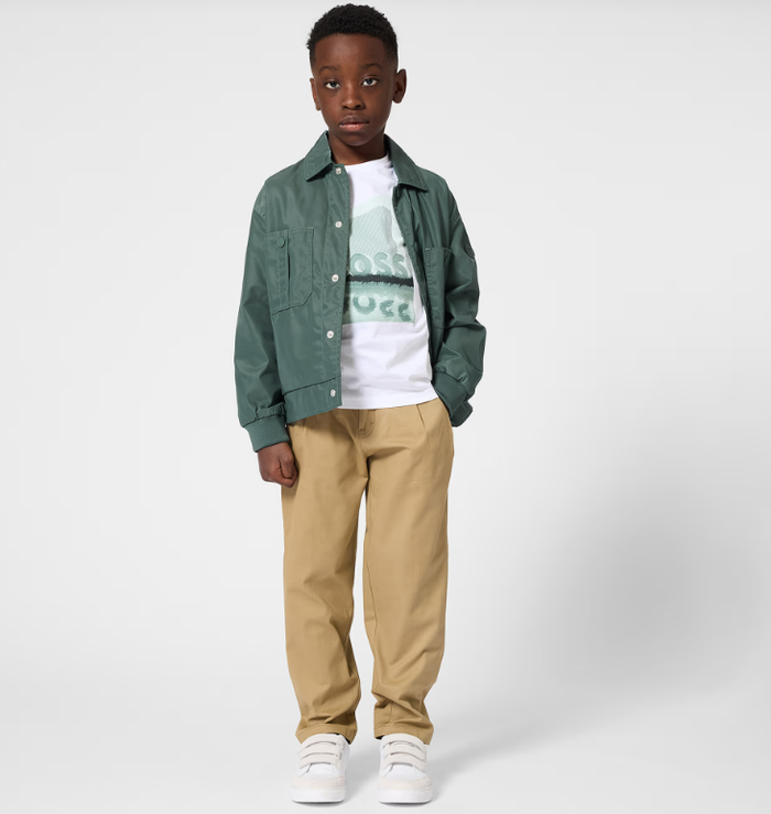 BOSS Boys White Cotton T-Shirt with Green Logo Print