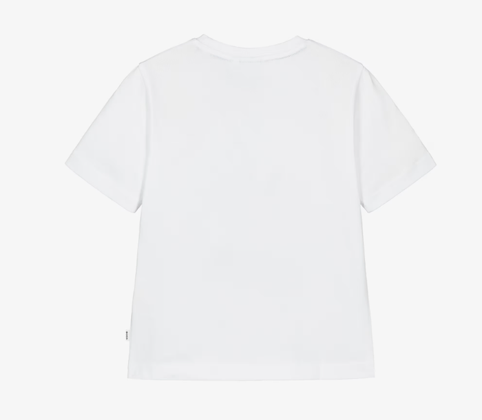 BOSS Boys White Cotton T-Shirt with Green Logo Print