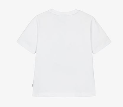 BOSS Boys White Cotton T-Shirt with Green Logo Print
