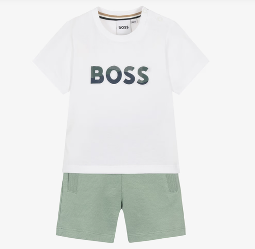 BOSS Boys White T-Shirt & Green Cotton Shorts Set