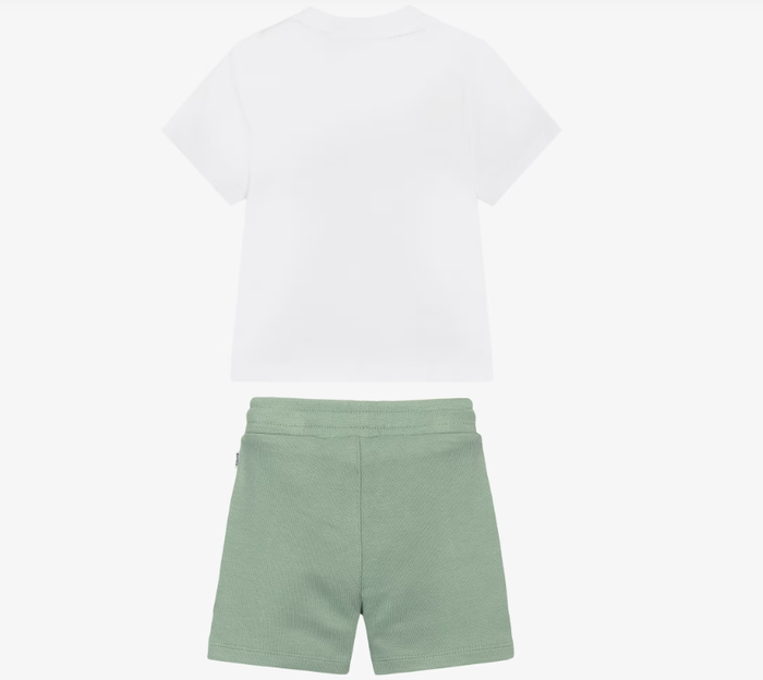 BOSS Boys White T-Shirt & Green Cotton Shorts Set