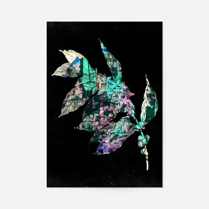 Botanical 4 Black Print: Striking graphic art with textured green and purple leaves on a dark background.