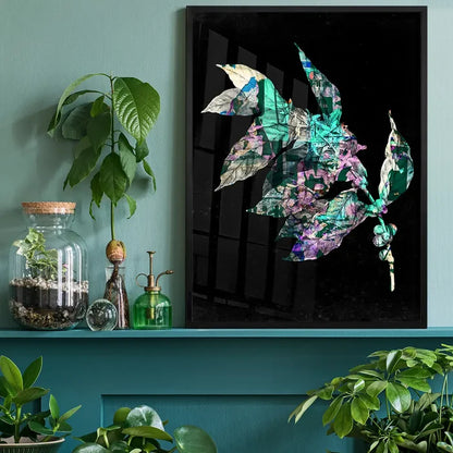 Botanical 4 Black Print: striking graphic art with layered green and purple leaves on a black background.