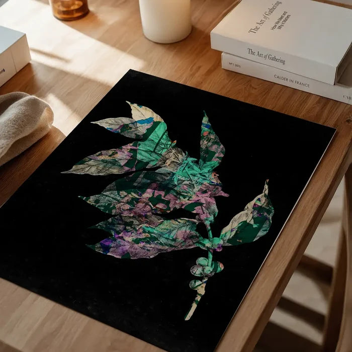 Striking Botanical 4 Black Print on archival art paper, featuring layered green and purple leaves on a dark background.