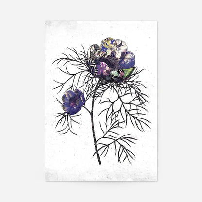 Striking botanical print of purple and blue flowers with layered textures and black line art on white archival paper.