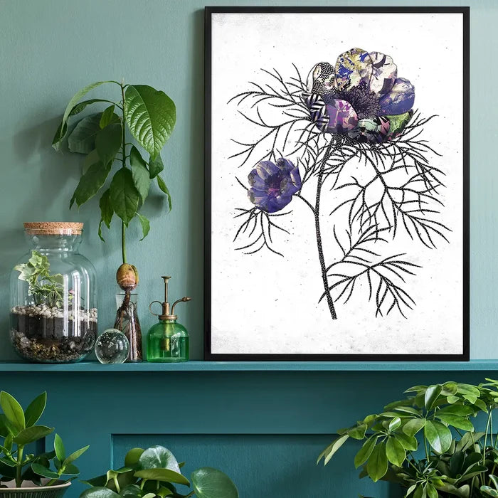 Framed botanical print of a white rose with textured purple and blue petals on archival art paper.