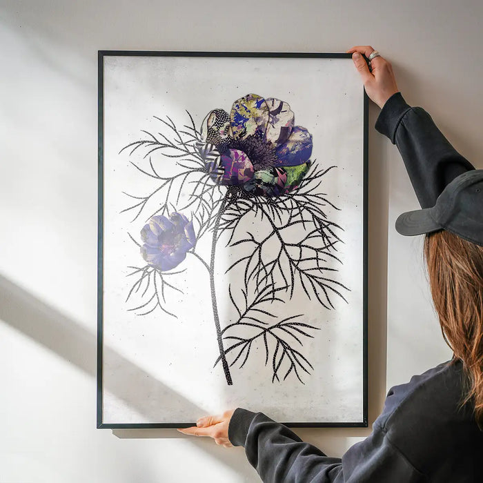 Framed botanical print with vibrant purple, blue, and green floral design on white archival paper.