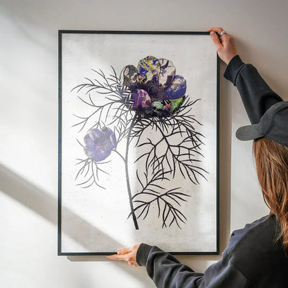 Framed botanical print with vibrant purple, blue, and green floral design on white archival paper.