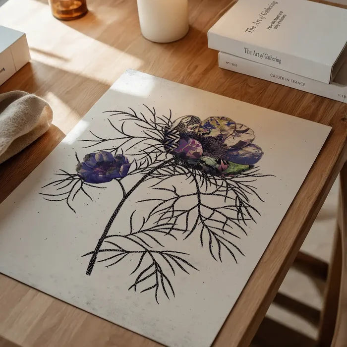 Botanical 6 White Rose Print: graphic art print on archival paper featuring a large multi-colored rose and a smaller purple rose with black branches.