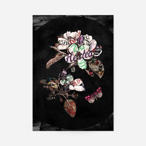 Botanical 7 Floral Black Typography Print: contemporary floral art with vintage text petals and a pink moth on a dark background.