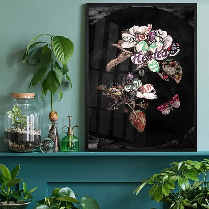 Botanical 7 Floral Black Typography Print: contemporary floral art with vintage text petals and a pink butterfly on black.