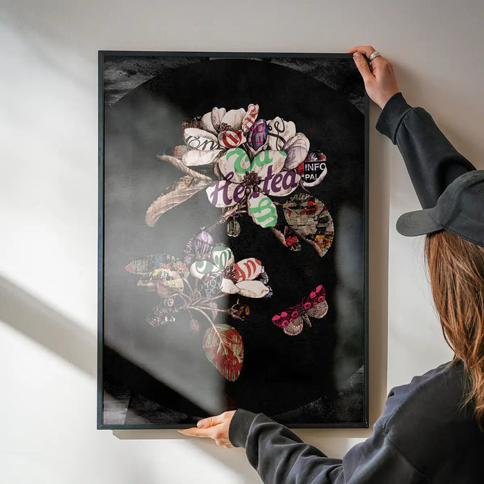 Framed Botanical 7 Floral Black Typography Print with vintage text petals and a pink butterfly.