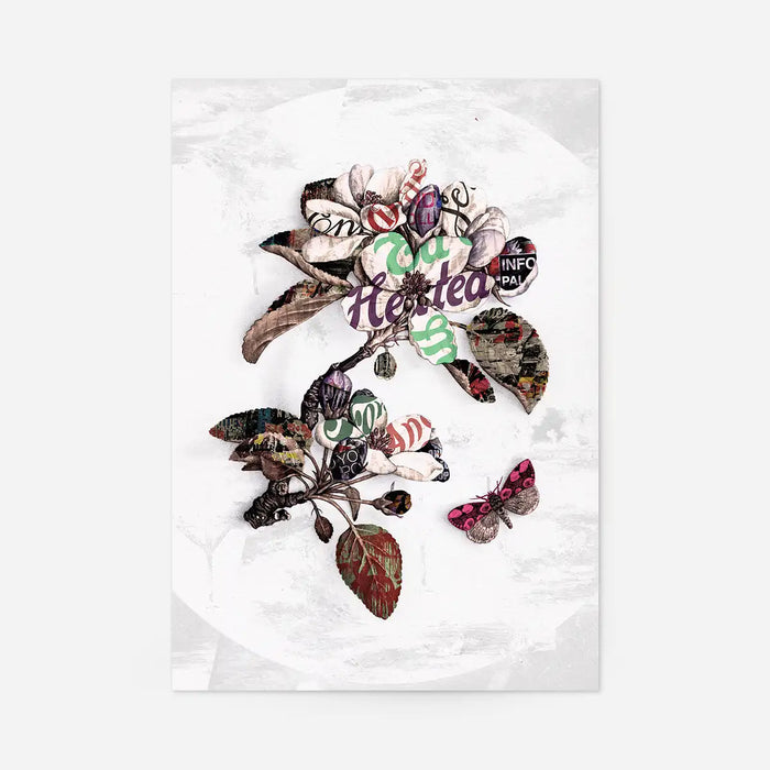 Botanical 7 Floral Typography Print: vibrant collage of flowers, leaves, and a butterfly on white, with vintage text.