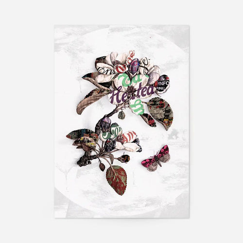 Botanical 7 Floral Typography Print: vibrant collage of flowers, leaves, and a butterfly on white, with vintage text.