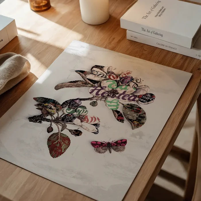 Botanical 7 Floral Typography Print on archival art paper with vintage text woven into petals and a butterfly.