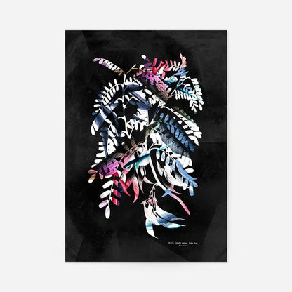 Bold Botanical 8 floral print on black, featuring colorful paint strokes and vintage leaves.