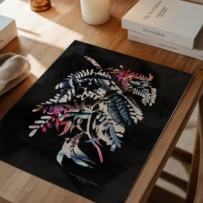 Bold botanical floral print on black archival art paper with vibrant paint strokes.