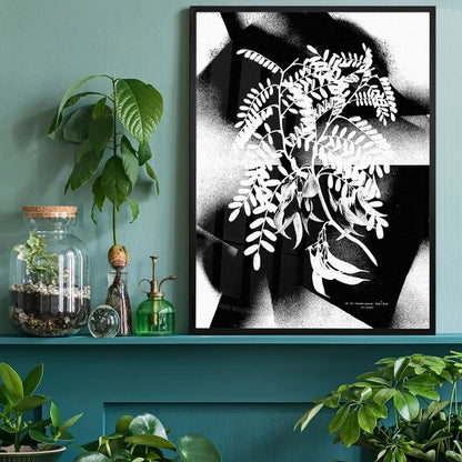 Black and white botanical floral spray print on archival paper, framed, with green plants on a teal shelf.