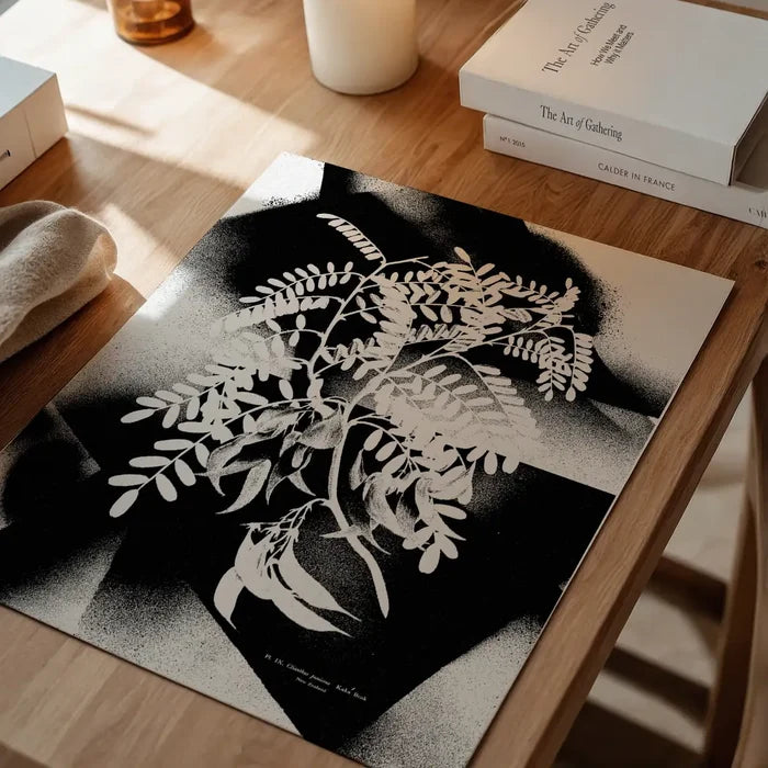 Black and white botanical floral spray print on archival art paper, featuring a contemporary stencil design.
