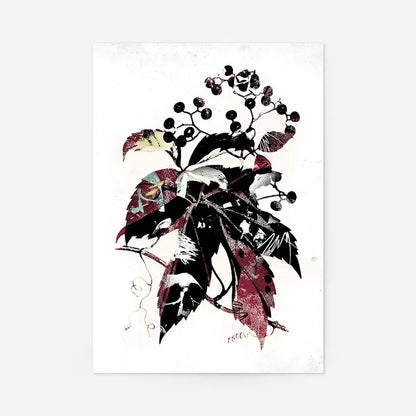 Botanical leaves print with graffiti art details, black berries, and deep red foliage on white paper.