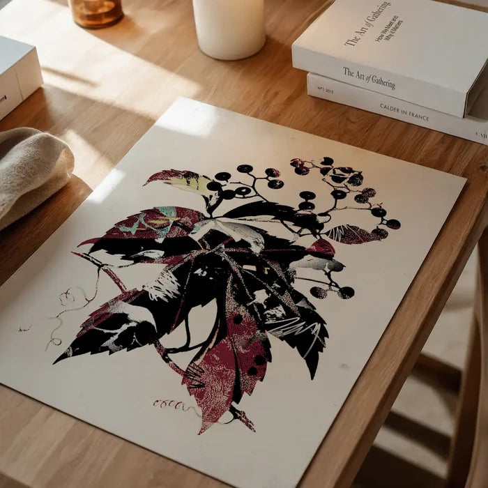 Botanical leaves print with graffiti art elements on thick archival paper, featuring dark berries and red leaves.