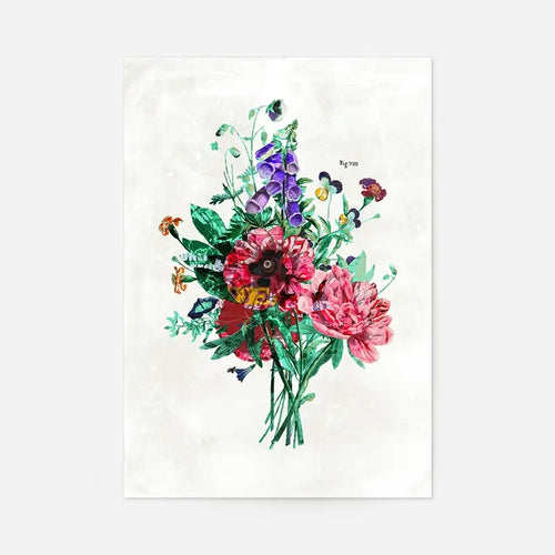 Botanical Streetart White Print: vibrant floral bouquet with street art elements on archival paper.