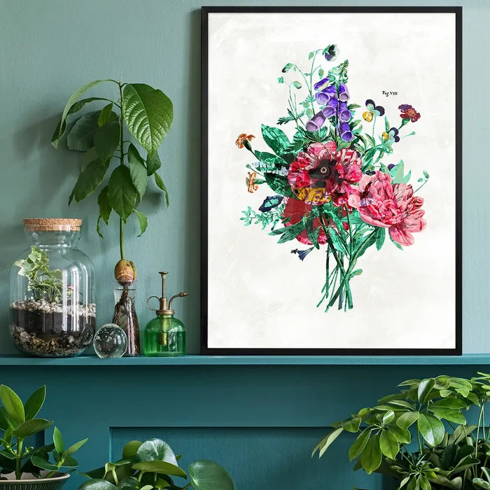 Framed Botanical Streetart White Print with vibrant pink, red, and purple flowers on archival paper.