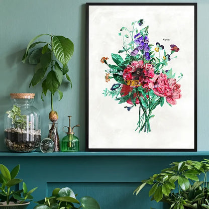Framed Botanical Streetart White Print with vibrant pink, red, and purple flowers on archival paper.