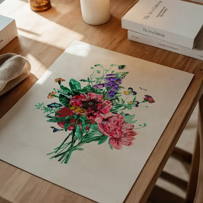 Botanical Streetart White Print: vibrant floral bouquet on archival art paper with street art details.