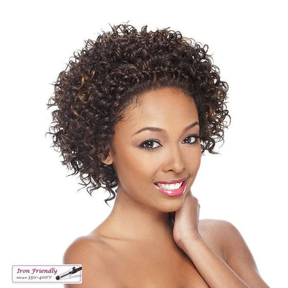 ITS A WIG braid lace front wig short curly dark brown style on smiling model for everyday wear