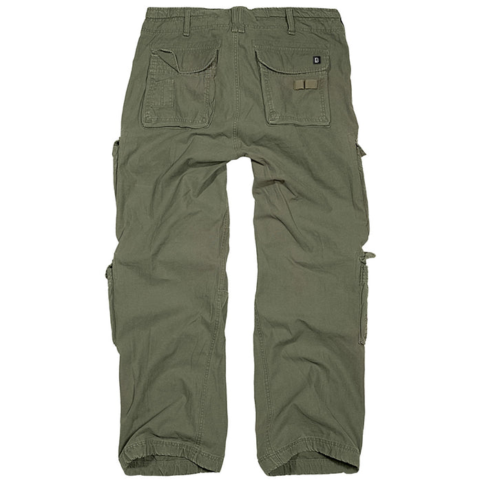 rear of olive brandit pure vintage cargo trousers laid flat