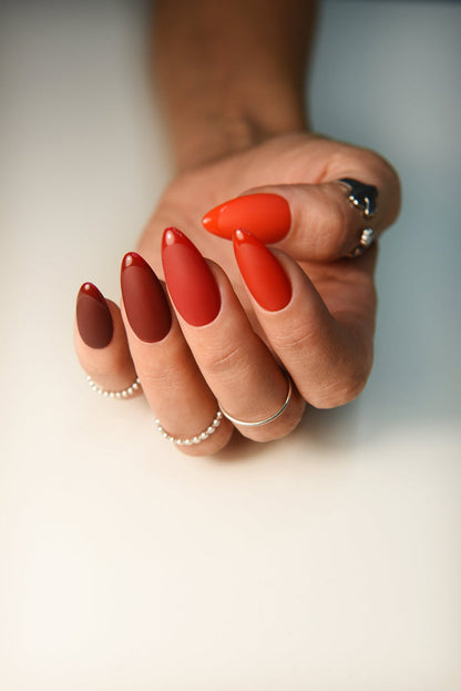 Brown, Red & Orange Matte Press-On Nails with Glossy French Tips – Handmade Reusable Luxury Set | Cozy Autumn Fake Nails with Glue-On Fit