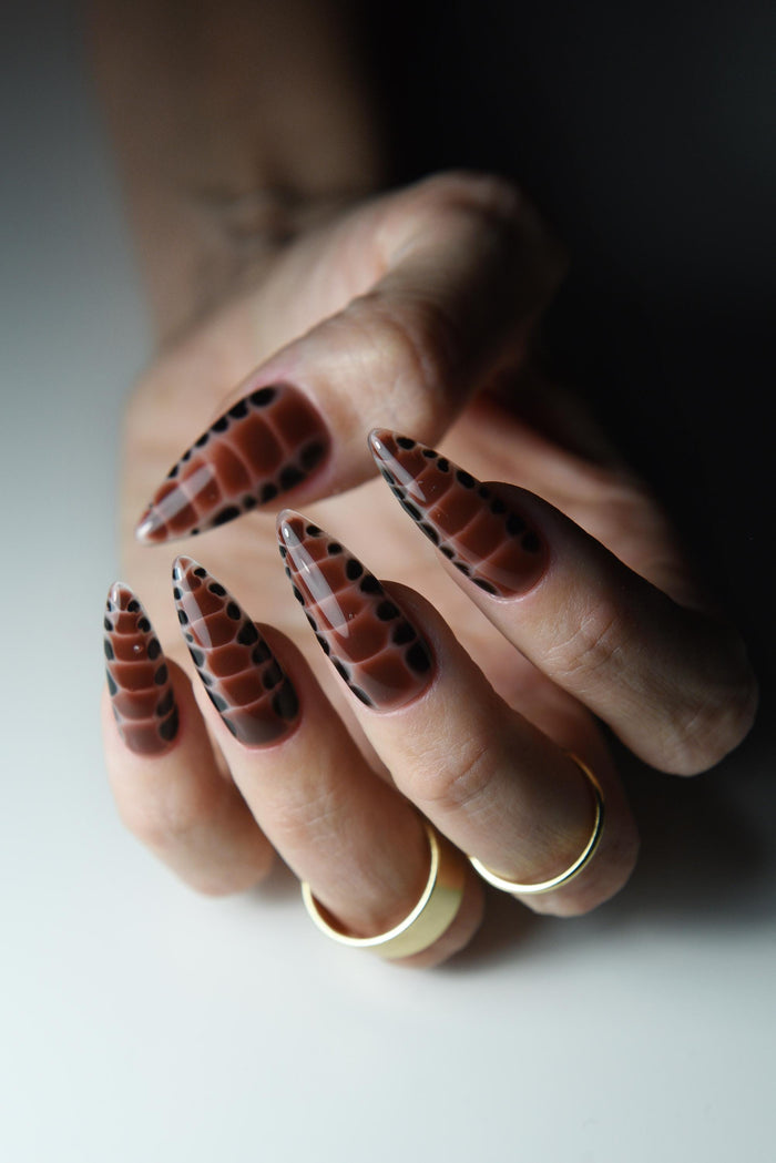 Brown Snake Skin Animal Print Press-On Nails – Glossy or Matte Finish, Handmade Luxury Reusable Set, Salon-Quality Fake Nails
