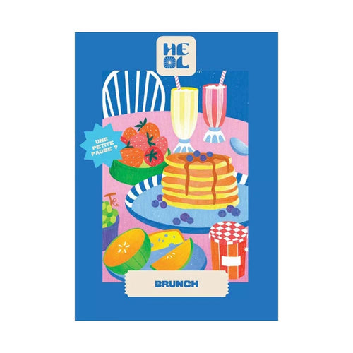 Enjoy assembling "Brunch," a charming 99-piece jigsaw puzzle from Heol Editions, featuring an illustration of pancakes, fruit, drinks, and jam on a blue background. Made in France.
