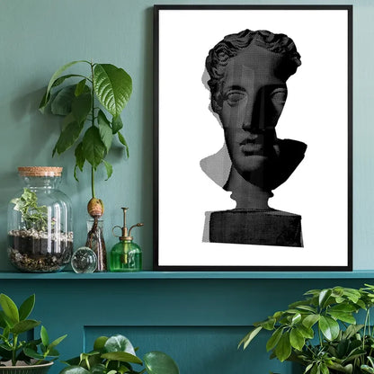 Framed black and white graphic print of a classic Roman bust in a Scandinavian style.