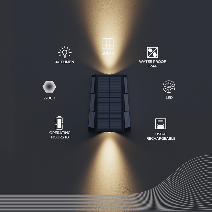 Calex Matera Solar Wall Light - Up & Down - Black