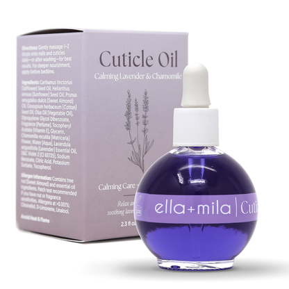 Calming Lavender & Chamomile cuticle oil round dropper bottle with its retail box – ella+mila