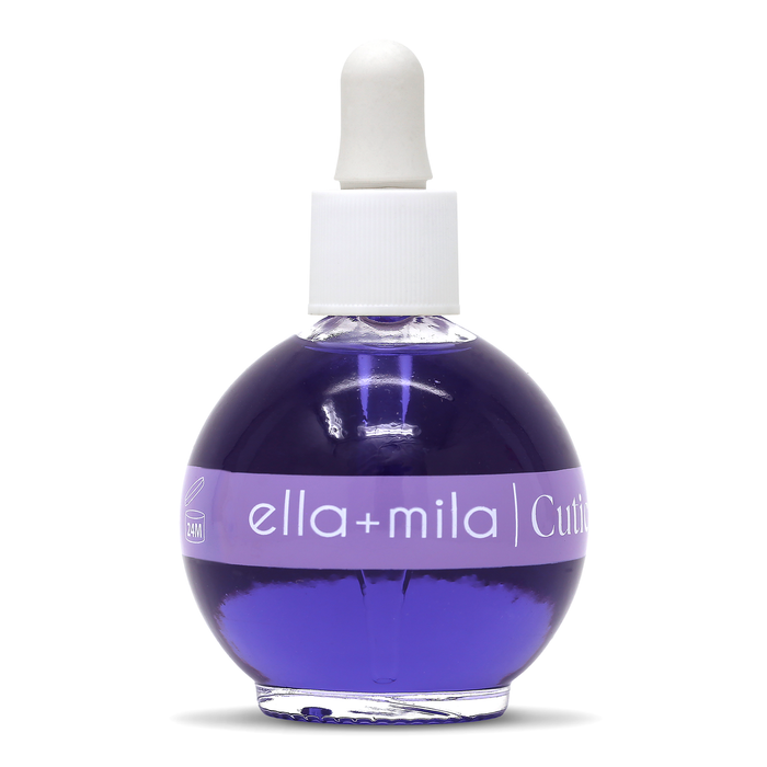 Lavender & Chamomile purple cuticle oil round dropper bottle, front view